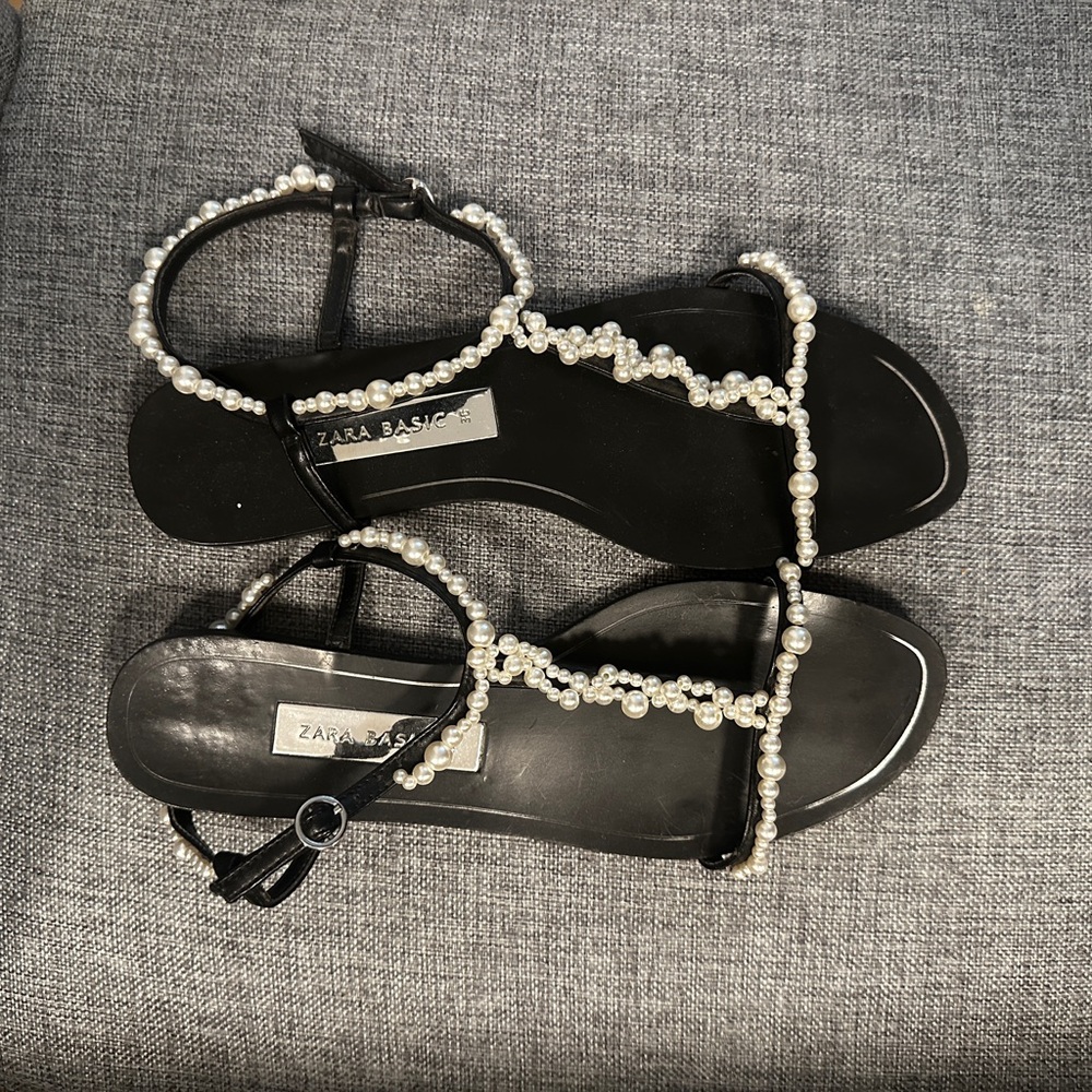 Zara Black Pearl-Embellished Sandals